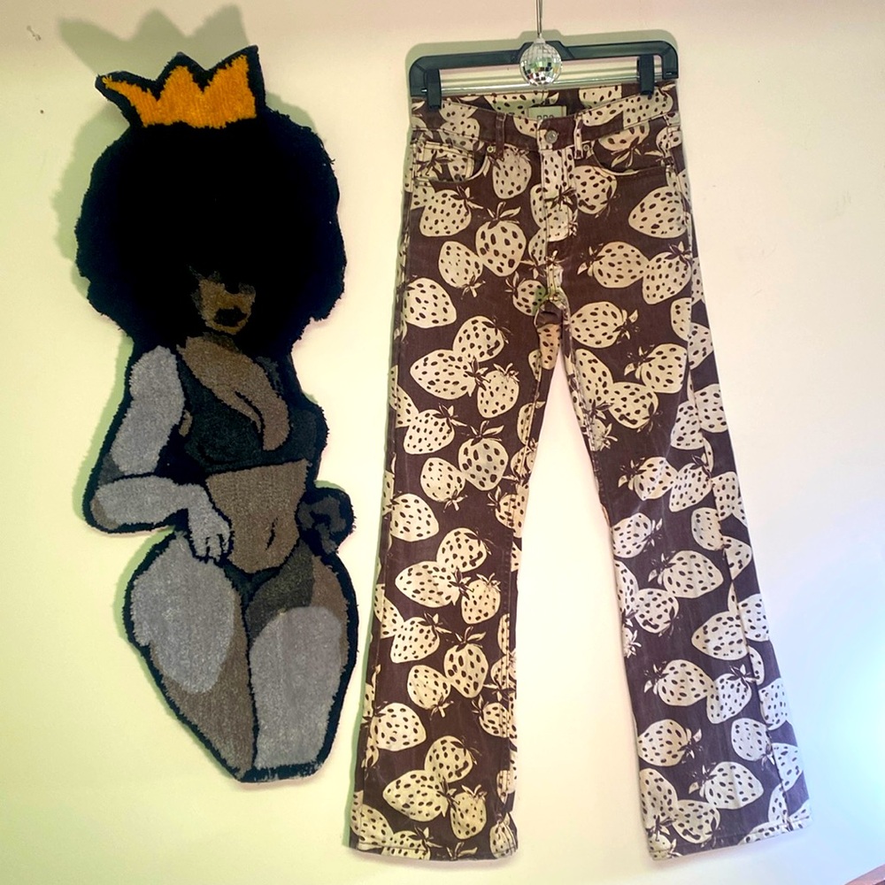 BDG Urban Outfitters Strawberry Print Wide Leg Jeans Brown Cream Y2K Size 5
